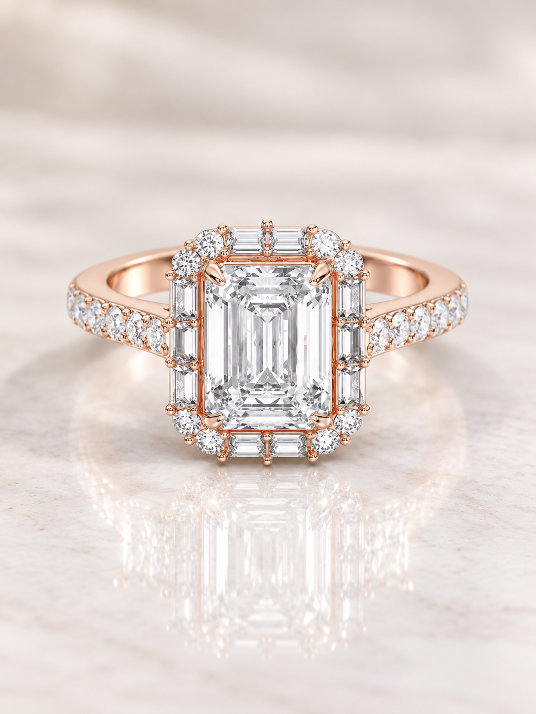 Zaina Corolla emerald / baguette lab grown diamond ring design, alternate view