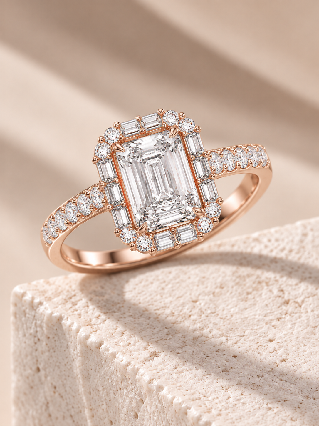 Zaina Corolla emerald / baguette lab grown diamond ring design, product view