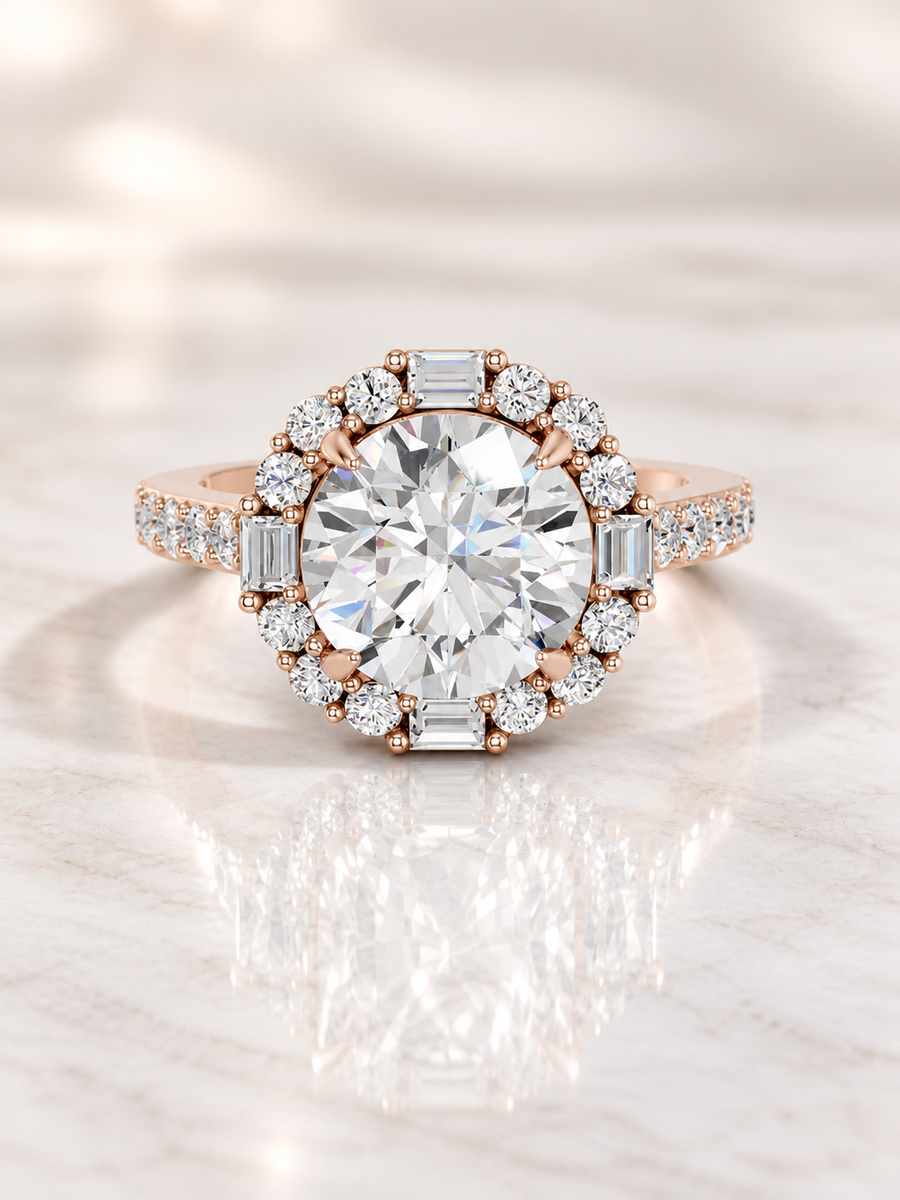 Zaina Corolla oval / baguette lab grown diamond ring design, product view
