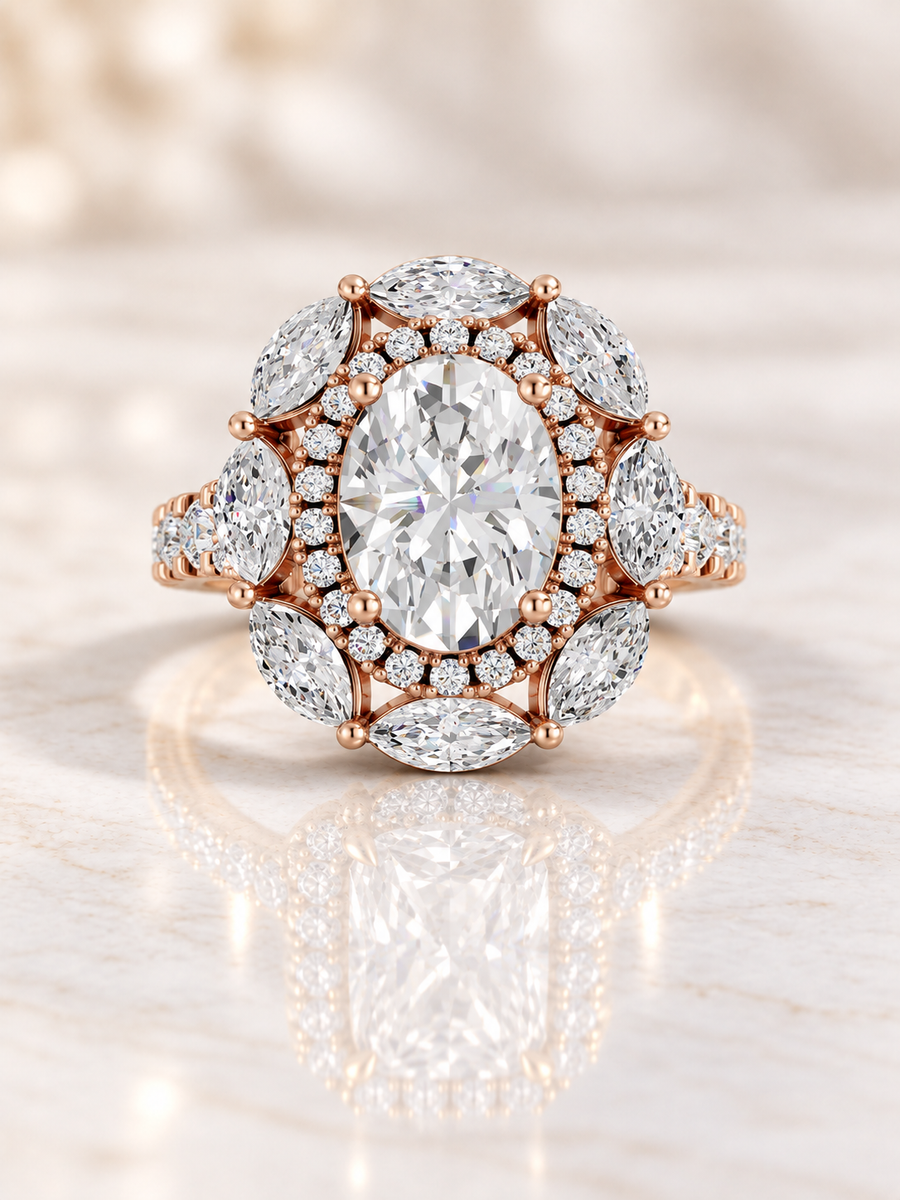 Zaina Fleur oval / marquise lab grown diamond ring design, product view
