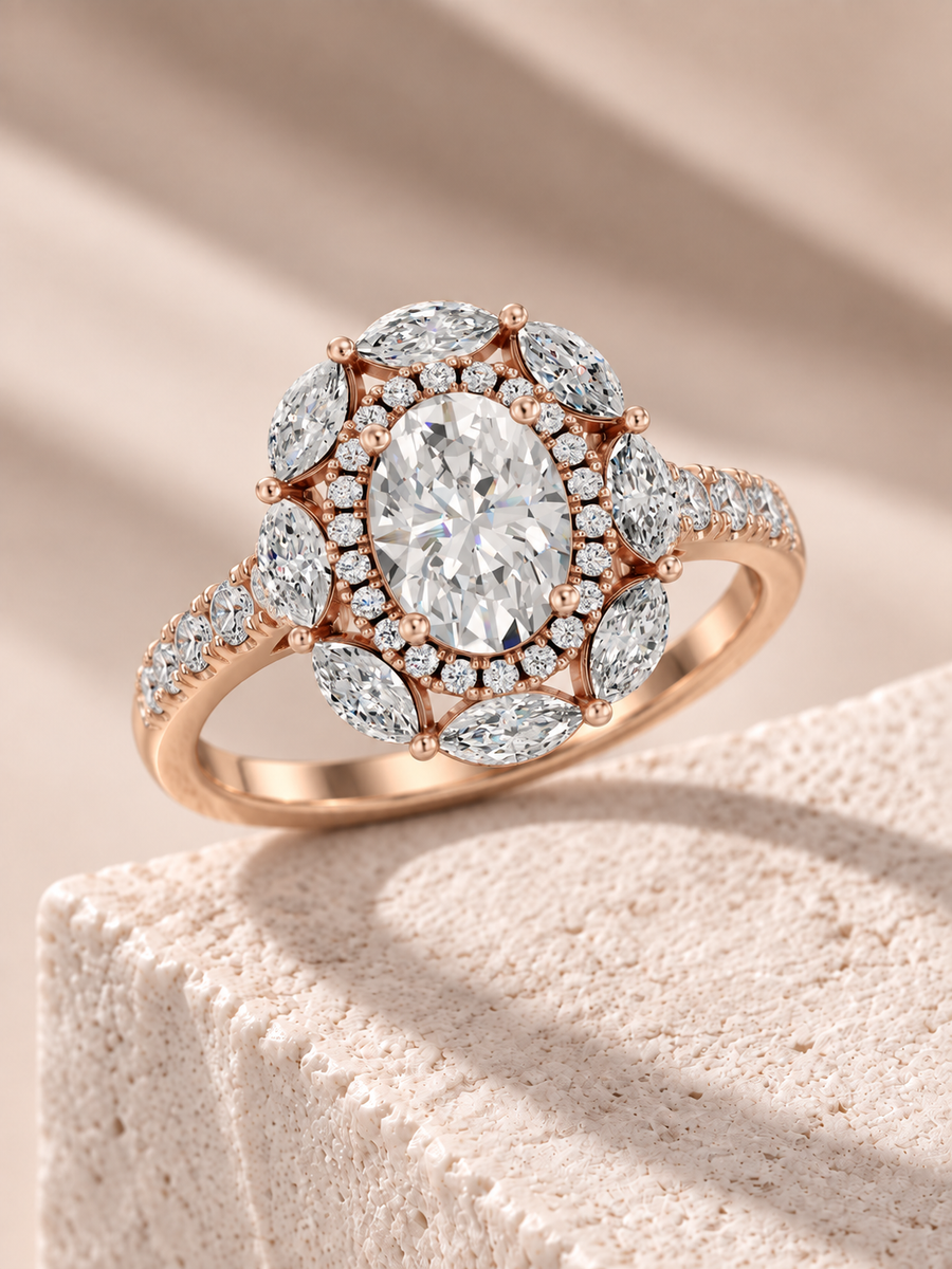 Zaina Fleur oval / marquise lab grown diamond ring design, alternate view